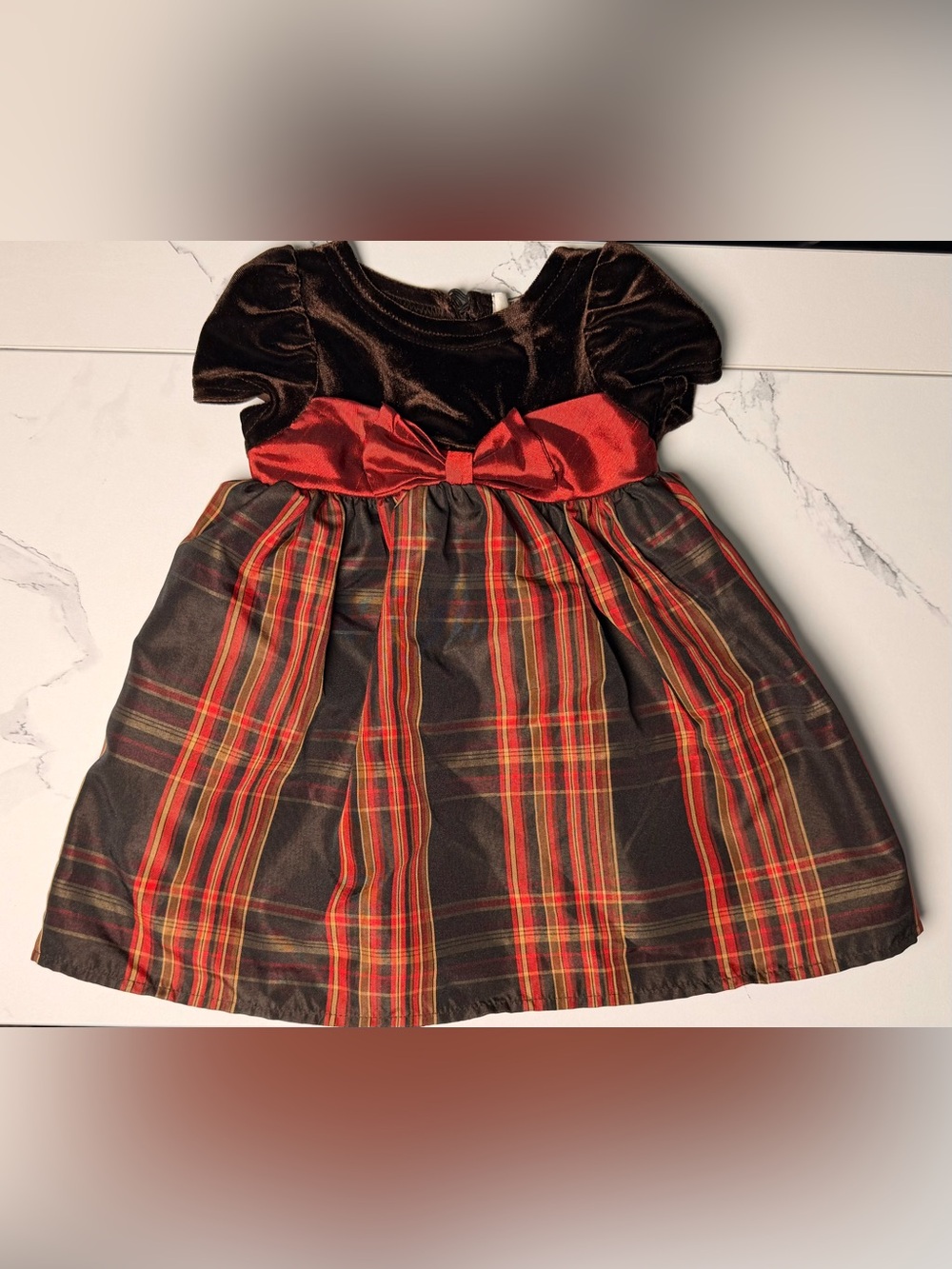 George Brown Velvet Top Red Plaid Holiday Dress with Red Bow